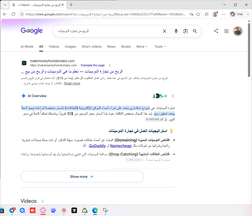 نتيجة جوجل الأولى لكلمة الربح من تجارة الدومينات