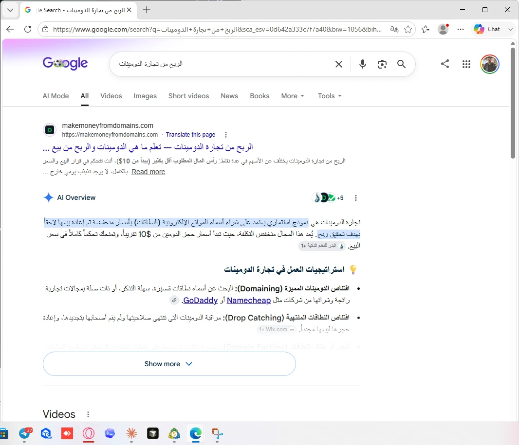 نتيجة جوجل الأولى لكلمة الربح من تجارة الدومينات